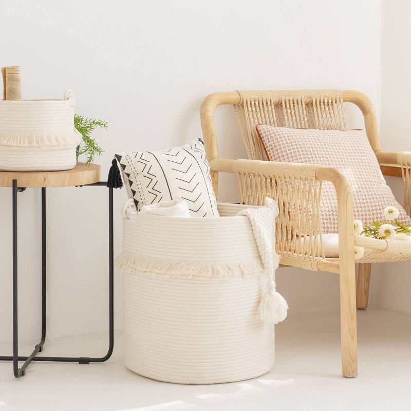 CherryNow Extra Large Woven Storage Baskets â€“ 17'' x 16'' Cotton Rope Decorative Hamper for Magazine, Toys, Blankets, and Laundry, Cute Tassel Nursery Decor - Home Storage Container Off-white - Image 2